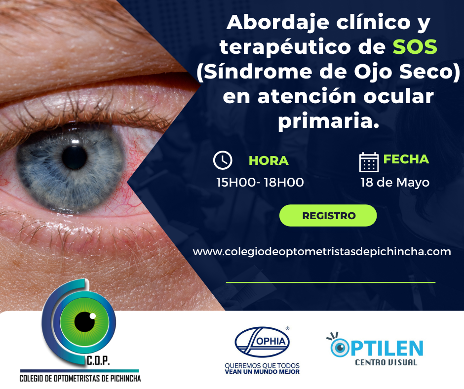 Sábado 18 de Mayo 2024 Horario 1500 a 1900 Modus Presencial previa inscripción. Aforo 100 personas Tema Abordaje clínico y terapéutico de SOS Síndrome de Ojo Seco en atención ocular primaria. A